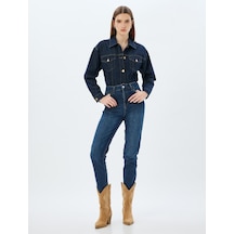 Koton Yüksek Bel Kot Pantolon Düz Paça Düğmeli Cepli Pamuklu - Slim Straight Fit Jeans Koyu İndigo 5wal40038md Koyu İndigo