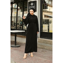 Pliseli Belden Bağlamalı Uzun Elbise - 71091 - Siyah-siyah