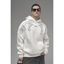 Nakış Detaylı Oversize Kalıp Kapüşonlu Sweatshirt Ekru