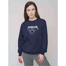 Metallica Kurukafa Baskılı Indigo Mavi Kadın Sweatshirt