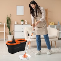 Focus Black Otomatik Temizlik Seti, Pedalsız Döner Sıkmalı 360 Başlıklı Mikrofiber Paspas Açık Ahşap