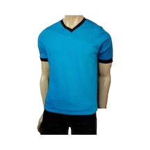 Aka Erkek Turkuaz / Siyah V Yaka Slimfit Kısa Kol Penye T-Shirt