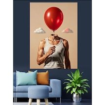 Ahşap Tablo Kırmızı Balon Kafalı Genç Adam İllüstrasyonu