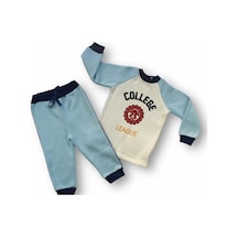 Melonika 9-12 12-18 18-24 24-36 Ay College Baskılı 3 İplik Kumaş Uzun Kollu Sweatli 2li Erkek Bebek Takımı Mavi Çok Renkli