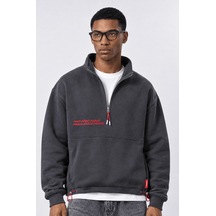 Respire Erkek Reset Baskılı Lastik Detaylı Half Zip Oversize Sweatshirt Füme