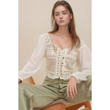 Ekru Kare Yaka Önü Bağlamalı Kroşata Dokuma Crop Bluz Bchesq-251001 Çok Renkli