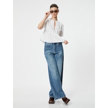 Koton Oversize Bluz Fiyonk Bağlama Detaylı Kısa Kollu Yuvarlak Yaka Pamuklu Beyaz 4sak60505uw Beyaz