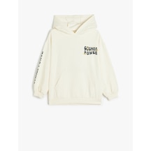 Koton Kapşonlu Sweatshirt Kanguru Cepli Uzun Kollu Baskılı Şardonlu Pamuklu Ekru 5wkg10094ak Ekru