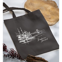 Bk Gift İstanbul Tasarımlı-5 Antrasit Kumaş Bez Çanta, Baskılı Omuz Çantası, Alışveriş Çantası, Anneye Hediye Sarı