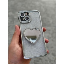 İphone 15 Uyumlu Kılıf Simli Swarovski Taşlı Kalp Makyaj Aynalı