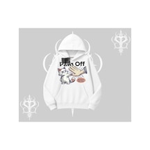 Tarzsokak Paws Off Yazılı Kedi Baskılı Streetwear Kapşonlu Sweatshirt Beyaz