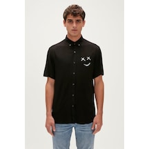 Bad Bear Smile Shirt 23.01.30.004s Siyah Kısa Kollu Baskılı Erkek Gömlek Siyah