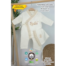 Gros Shop Müslin Yeni Doğan 4katlı Organik %100pamuk Kişiye Özgü Nakışlı Hastane Çıkış Seti Kalpli Model-5 Ekru-2