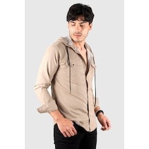 Rizzup Bej Kapüşonlu Likralı Kot Gömlek Slim Fit Çıt Çıt Kapamalı Erkek Gömlek 2300396