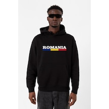 Romania Flag Lettern Siyah Erkek 3ip Kapşonlu Sweatshirt Siyah