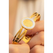 Çelik Altın Kaplama Tuğralı Zirkon Taşlı Model Kadın Bileklik