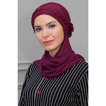 Hürrem Bone Şarabi Pratik Hazır Geçmeli Tesettür Bone Fukuro Piliseli Örgülü Şifon Atkılı 1825a 08 Bordo
