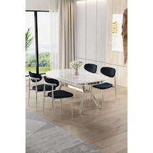 Canisa Olya Serisi 90x168 Lak Panel Beyaz Mermer Desen Masa Takımı Krom Ayaklı 4 Antrasit Sandalye Beyaz Mermer Masa Antrasit Sandalye