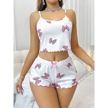 Hadpols Özel Seri Yaz Kıyafeti Askılı Model Rahat Takım Desenli Şortlu Pijama Takımı Beyaz - Pembe