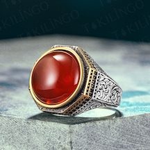 Takılingo 925 Ayar Gümüş Yuvarlak Kırmızı Akik Taşlı Erkek Yüzük Gümüş