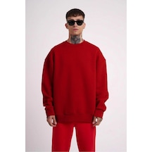Erkek Biskilet Yaka Üç İplik Sweatshirt - Kırmızı
