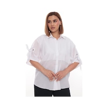 Lady Majestic Cotton Büyük Beden Kadın Pamuklu Gömlek Rahat Kesim, Düğmeli, Volan Kol Detaylı Beyaz