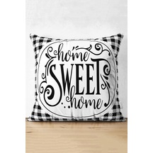 Realhomes Siyah Beyaz Ekoseli Home Sweet Home Modern Süet Yastık Kırlent Kılıfı RH-5255