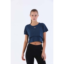 Maraton Sportswear Comfort Kadın Bisiklet Yaka Kısa Kol Basic Navymelanj Crop Top 20868 Navy Lacivert
