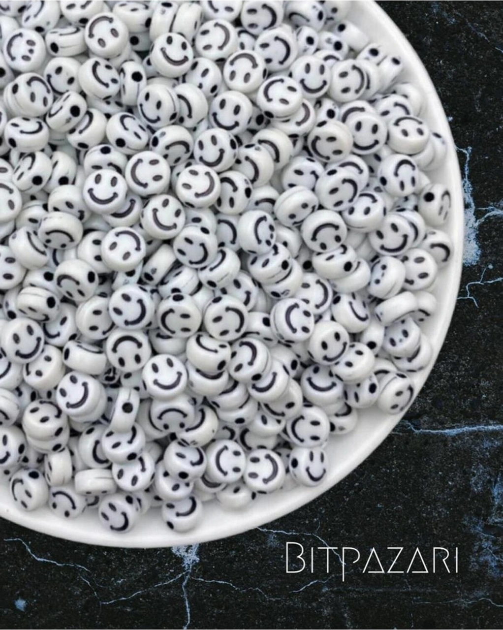 200 Adet Smile Boncuk , Beyaz Üzeri Siyah 4x7mm Gülen Yüz Boncuk , Gülen Surat