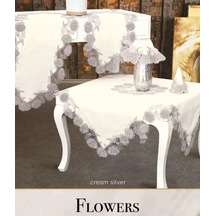 Bej Flowers Model 5 Parça Keten Dantelli Masa Örtüsü Seti Çeyizlik Salon Takımı Çok Renkli