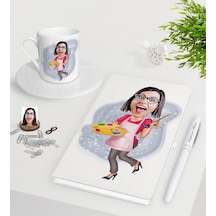 Kişiye Özel Bayan Ressam Karikatürlü Beyaz Defter Kalem Türk Kahv