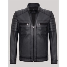 Hakiki Kuzu Derisi Fermuarlı Erkek Ceket Kol İşlemeli Ceket Siyah Siyah