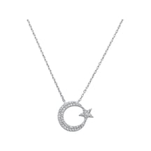 925 Ayar Gümüş Zirkon Taşlı Ay Yıldız Kadın Kolye Gold Silver Renk Seçenekli Hediyelik Takı Gümüş - 911681706 Gümüş