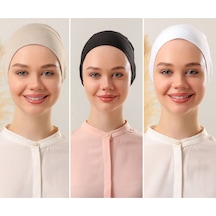 Melodi Scarf Kadın Tesettür Dikişsiz Set Bone Siyah Beyaz Bej 3 Adet Bağlamalı Penye Bone Çok Renkli