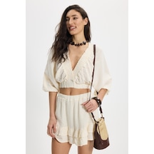 Tudors Kadın Oversize Geniş Kesim %100 Pamuk Kruvaze Yaka Crop Fırfırlı Ekru Şort Etek Takım-50561