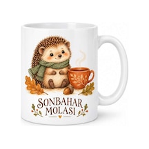 Sonbahar Molası Kirpi Tasarımlı Porselen Kupa - Yaprak Ve Kahve Temalı - Model 258