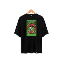 Flood Of Style Erkek Siyah Psych Fest Oversze Bisiklet Yaka Tshirt