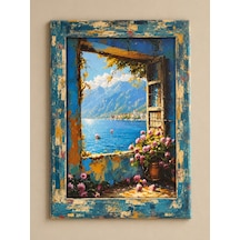 Ahşap Avangard Çerçeve Desenli Taş Duvar Ve Göl Manzaralı Dekoratif Ahşap Tablo 52x72 Cm