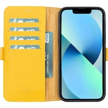 Apple Uyumlu iPhone 13 Pro Deri Cüzdanlı Kılıf Limon Sarı