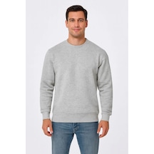 Erkek 3 İplik Pamuklu Düz Bisiklet Yaka Sweatshirt - Gri