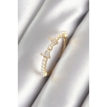 Pirinç Zirkon Taşlı Kurdele İnci Detay Kadın Yüzük Gold Renk Çok Renkli