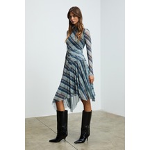 Grımelange Terlus Kadın Esnek Kumaşlı Bel Detaylı Boğazlı Yaka Çok Renkli Elbise Çok renkli