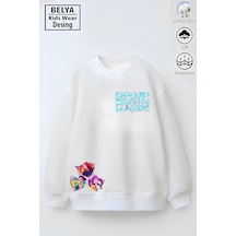 Tam Kalıp Oversize Kız Çocuk Pamuğa Pamuk 3 İplik Kumaş Pop 2 Tasarım Sweatshirt Beyaz