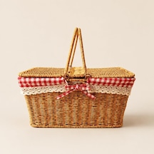 Hasır Piknik Sepeti, Kırmızı Ekoseli Ve Dantelli Kapaklı Taşıma Sepeti, 39x27x18 Cm Ahşap Görünümlü Piknik Çantası, Kahvaltı, Kamp, Bahçe Ve Outdoor Kullanım İçin
