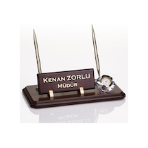 Çift Kalemli Ahşap Masa İsimliği Saatli Ofis Masa İsimlik