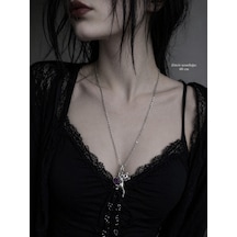 Gotik Kedi Figürlü Mor Kalp Detaylı Metal Kolye Unisex Çok renkli