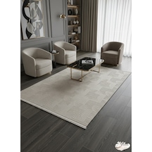 Konak Halı Modern Salon Halısı Premium Seri Bej Emboss Kabartmalı Saçaklı Kaymaz Taban Bej