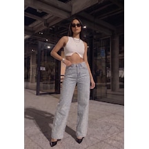 Kadın Açık Mavi Likralı Yüksek Bel Önü Full Taşlı Wide Leg Geniş Paça Jean Kot Pantolon