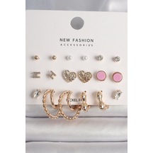 Pirinç Gold Renk Zirkon Taşlı Burug Halka Model İşlemeli Kalp Detay 9 Çift Kadın Küpe Seti Çok Renkli