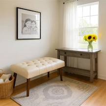 Waterybrook Bench Bank Puf - Suni Deri - Ceviz Ahşap Ayaklı - Retro Modern Tasarım & Dekoratif Sehpa Krem